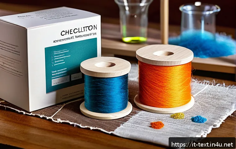 섬유기사 필기시험 준비 자료 - A detailed close-up image of various textile fibers arranged on a wooden table, including natural co...