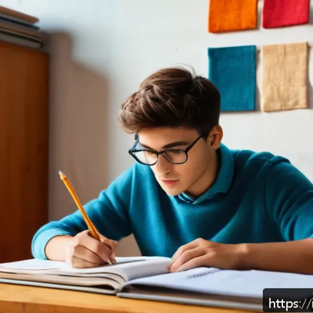 섬유기사 필기시험 공부법 - A focused Italian student sitting at a wooden desk in a cozy, sunlit room with shelves full of color...