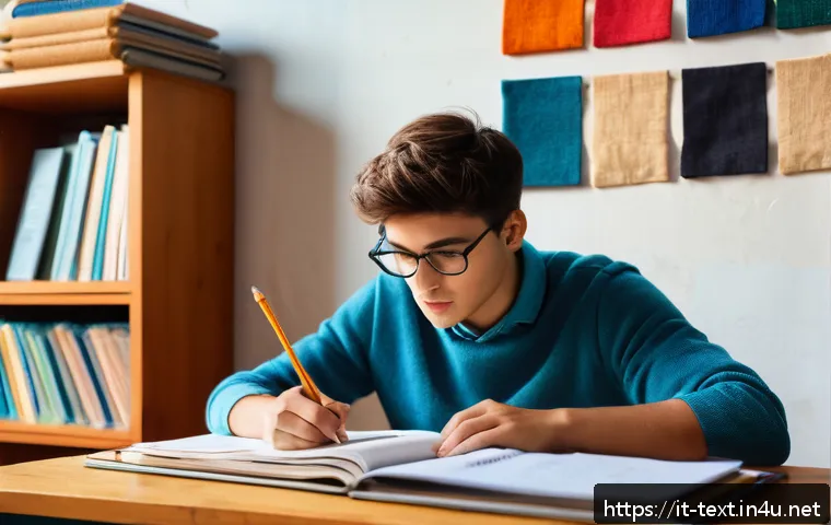 섬유기사 필기시험 공부법 - A focused Italian student sitting at a wooden desk in a cozy, sunlit room with shelves full of color...
