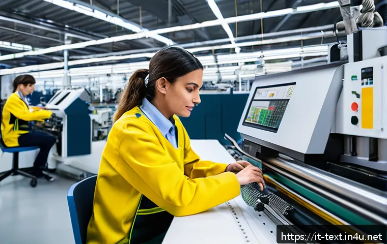 섬유기사 취업시 필요한 자격증 - A modern textile manufacturing workshop in Italy, showcasing advanced machinery with digital control...