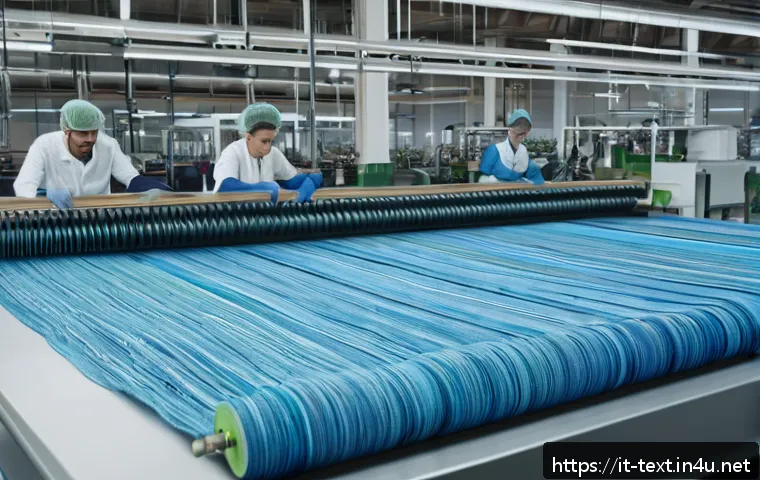 섬유기사와 섬유산업의 연관성 - A modern textile factory in Italy showcasing sustainable innovation: high-tech machines spinning and...