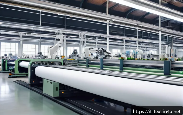 섬유기사와 관련 직종의 취업 시장 - A modern Italian textile factory interior showcasing advanced automation and AI technology: robotic ...