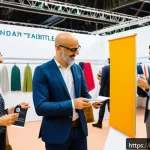 Home 18 섬유기사와 업계 네트워크 구축 - A modern textile industry trade fair scene in Milan, Italy, showcasing diverse professionals network...