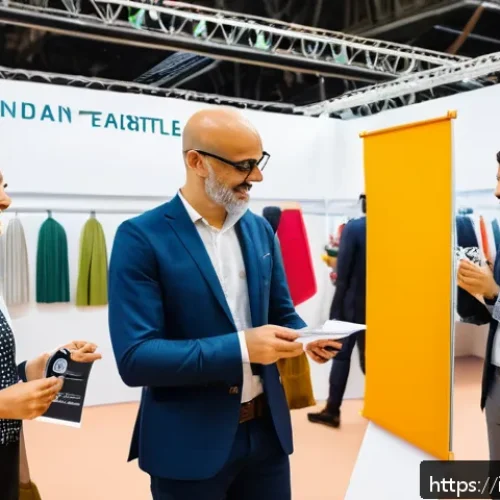 Home 30 섬유기사와 업계 네트워크 구축 - A modern textile industry trade fair scene in Milan, Italy, showcasing diverse professionals network...