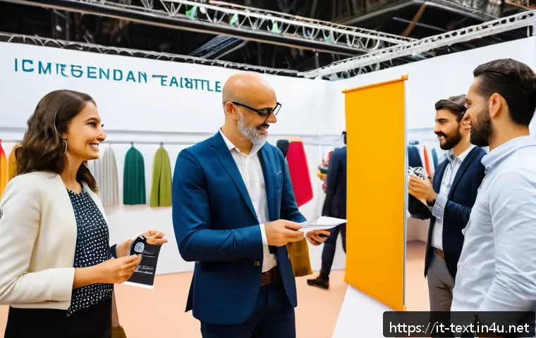 섬유기사와 업계 네트워크 구축 - A modern textile industry trade fair scene in Milan, Italy, showcasing diverse professionals network...