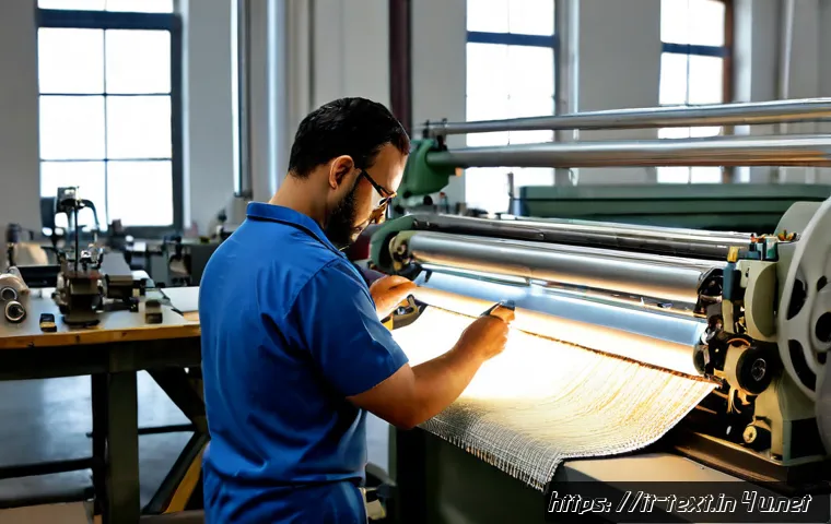 섬유기사 실무 사례 분석 - Photorealistic textile engineer in a modern northern Italian fabric mill, carefully examining a wove...
