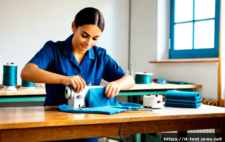 섬유기사와 실기시험의 준비 포인트 - Photorealistic Italian vocational textile workshop, focused adult trainee wearing practical work clo...